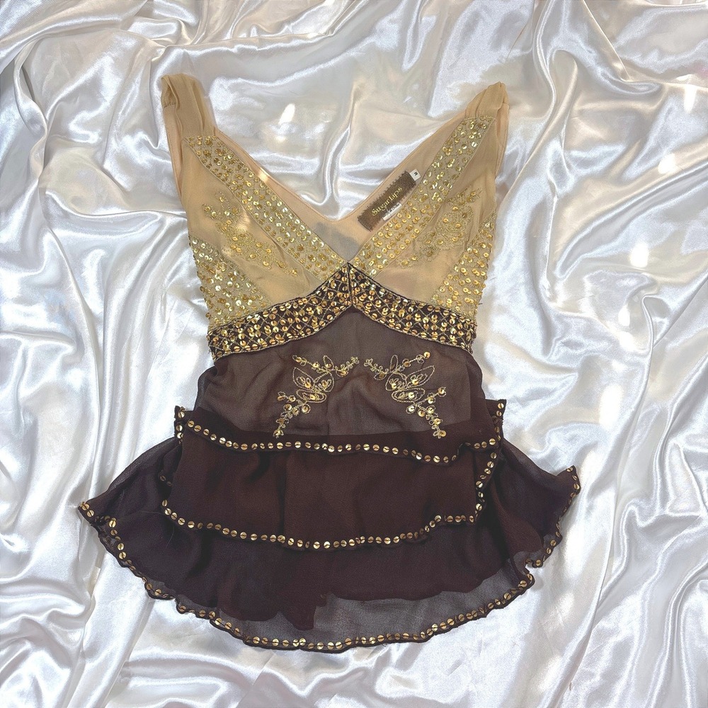y2k Silk Cami Brown Excellent Sugar Lips Sequin Tiered Ruffle Tank Top T1702